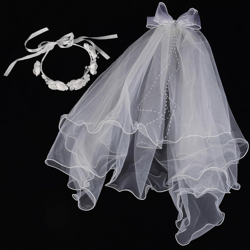 Merroyal Girls Communion Bow and Dangle Cross Charm with 24 Inch Veil on Hair Comb,with White Floral Crown - Image 5